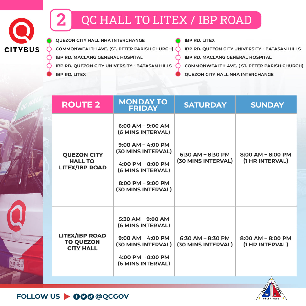 May be an image of map and text that says '2 QC HALL TO LITEX QUEZON CITY HALL CITYBUS IBP ROAD IBP PETER PARISH CHURCH) GENERAL HOSPITAL QUEZON CITY UNIVERSITY BATASAN HILLS UNIVERSITY- -BATASAN HILLS GENERAL HOSPITAL QUEZON CITY HALL PETER PARISH CHURCH) ROUTE INTERCHANGE MONDAY FRIDAY SATURDAY 6:00 AM 9：00 AM MINS INTERVAL) SUNDAY 9:00 QUEZON CITY HALL INTERVAL) 4:00 8:00 PM MINS INTERVAL) 6:30 AM 8:30 PM MINS INTERVAL) 8:00 AM 8:00 PM INTERVAL) 9：00 PM (30 MINS INTERVAL) 5:30 LITEX/IBP ROAD 9:00 INTERVAL) CITY 9:00 4:00 (30 MINS INTERVAL) 6:30 AM 8:30 PM (30 MINS INTERVAL) 8:00 4:00 PM MINS INTERVAL) 8:00 PM INTERVAL) FOLLOW us'