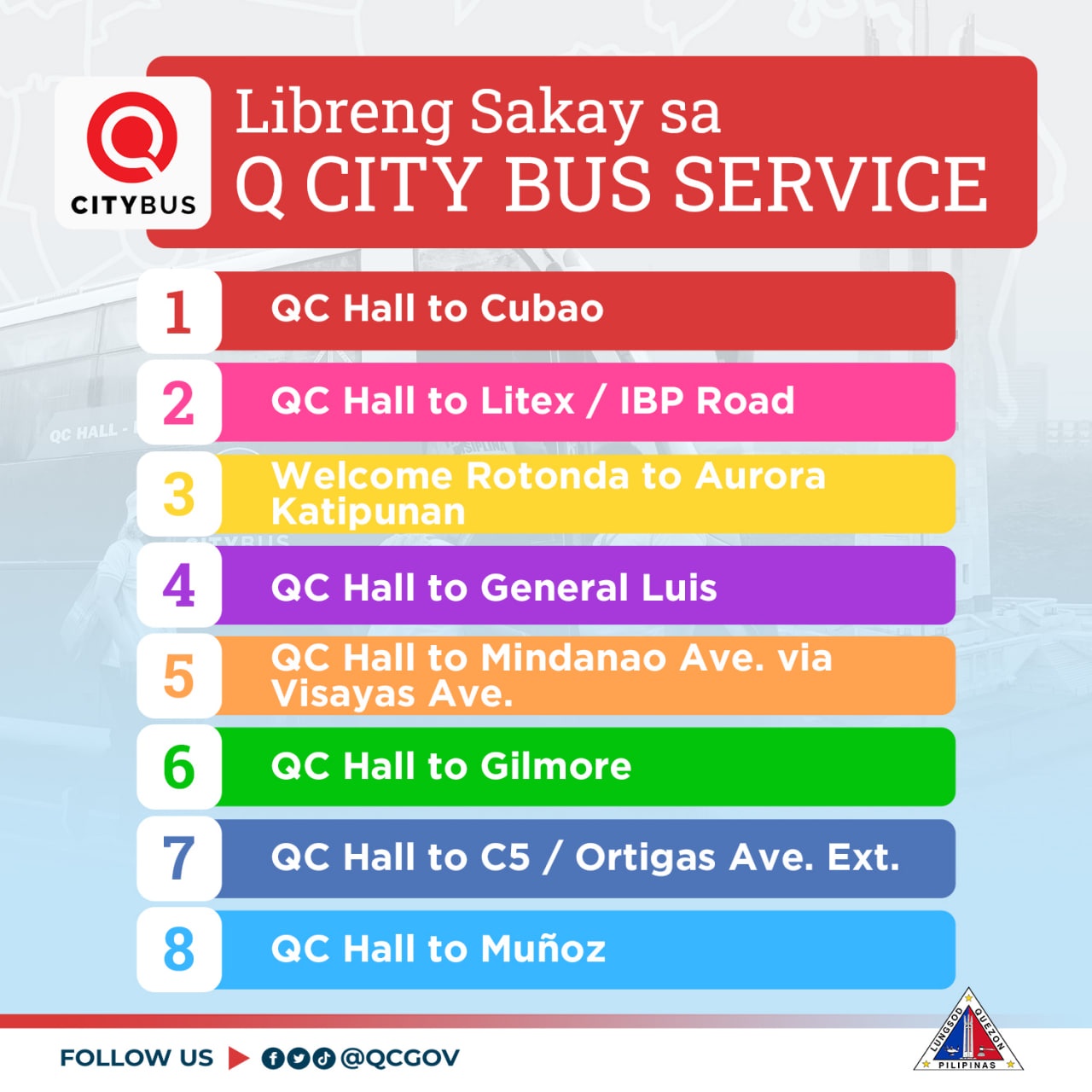 May be an image of text that says 'CITYBUS Libreng Sakay sa Q CITY BUS SERVICE 1 QC Hall to Cubao HALL- 2 QC Hall to Litex IBP Road 3 Welcome Rotonda to Aurora Katipunan 4 Hall to General Luis 5 QC Hall to Mindanao Ave. via Visayas Ave. 6 Hall to Gilmore 7 QC Hall to C5 8 Ortigas Ave. Ext. Hall to Muñoz FOLLOW US f〇o @QCGOV PRIZINAS'