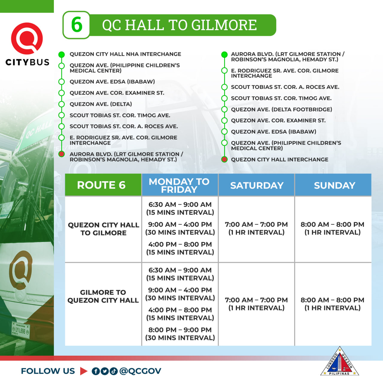 May be an image of map and text that says 'HALL TO GILMORE CITYBUS CITY HALL NHA INTERCHANGE QUEZON CHILDREN'S EDSA (IBABAW) EXAMINER (DELTA) TOBIAS SCOUT TOBIAS COR. TIMOG AVE. ROCES ROCES AVE. TIMOG AVE. INTERCHANGE GILMORE GILMORE STATION MAGNOLIA, (IBABAW) (PHILIPPINE CHILDREN'S ROUTE CITY MONDAY INTERCHANGE SATURDAY 6:30 9:00 AM MINS INTERVAL) QUEZON CITY HALL tO GILMORE SUNDAY AM- MINS INTERVAL) 7:00 AM- -7:00 PM INTERVAL) 8:00 MINS INTERVAL) 8:00 AM- 8:00 PM INTERVAL) 9：00 MINS INTERVAL) GILMORE QUEZON CITY HALL 4:00 PM (30 MINS INTERVAL) 8:00 PM MINS INTERVAL) 7:00 AM- PM INTERVAL) 8:00 8:00 9:00 PM (30 MINS INTERVAL) 8:00 PM INTERVAL) FOLLOW ร'