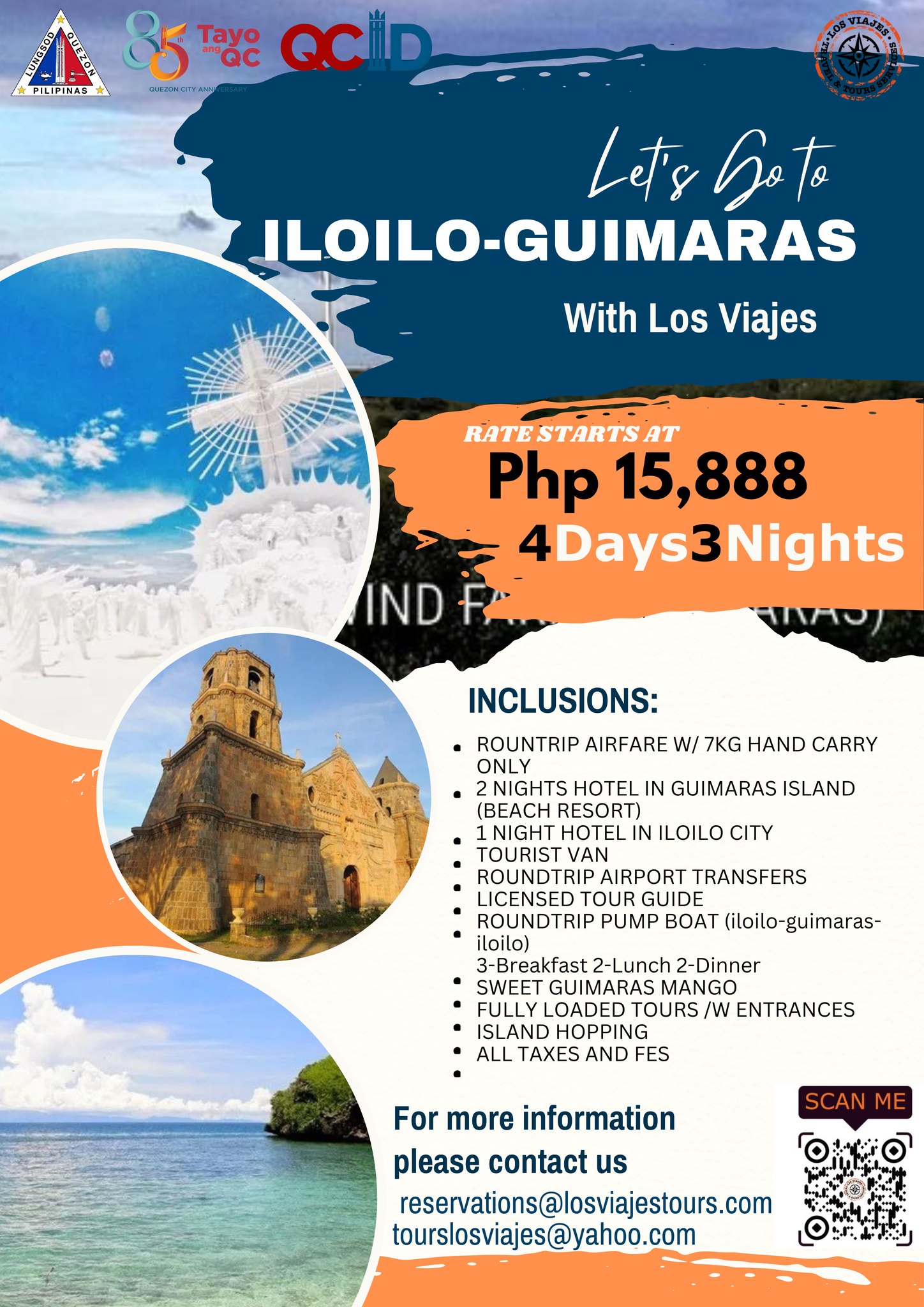 May be an image of ‎text that says '‎M 8ర్ Taye QC PILIPINAS 0LE2CMOT4N Let's Letrbote Soto ILOILO-GUIMARAS ILOILO With Los Viajes RATESTARTSAT RATE STARTS Php 15,888 4Days3Nights رمل IND INCLUSIONS: ROUNTRIP AIRFARE W/ 7KG HAND CARRY ONLY 2NIGHTS HOTEL IN GUIMARAS ISLAND (BEACH RESORT) 1NIGHT HOTEL IN ILOILO CITY T τοι TOURIST VAN ROUNDTRIP AIRPORT TRANSFERS LICENSED TOUR GUIDE ROUNDTRIP PUMP BO (iloilo-guimaras- iloilo) 3-Breakfast 2-Lunch 2-Dinner SWEET GUIMARAS MANGO FULLY LOADED TOURS /W ENTRANCES ISLAND HOPPING ALL TAXES AND FES SCAN ME For more information please contact us reservations@losviajestours.com tourslosviajes@yahoo.com‎'‎