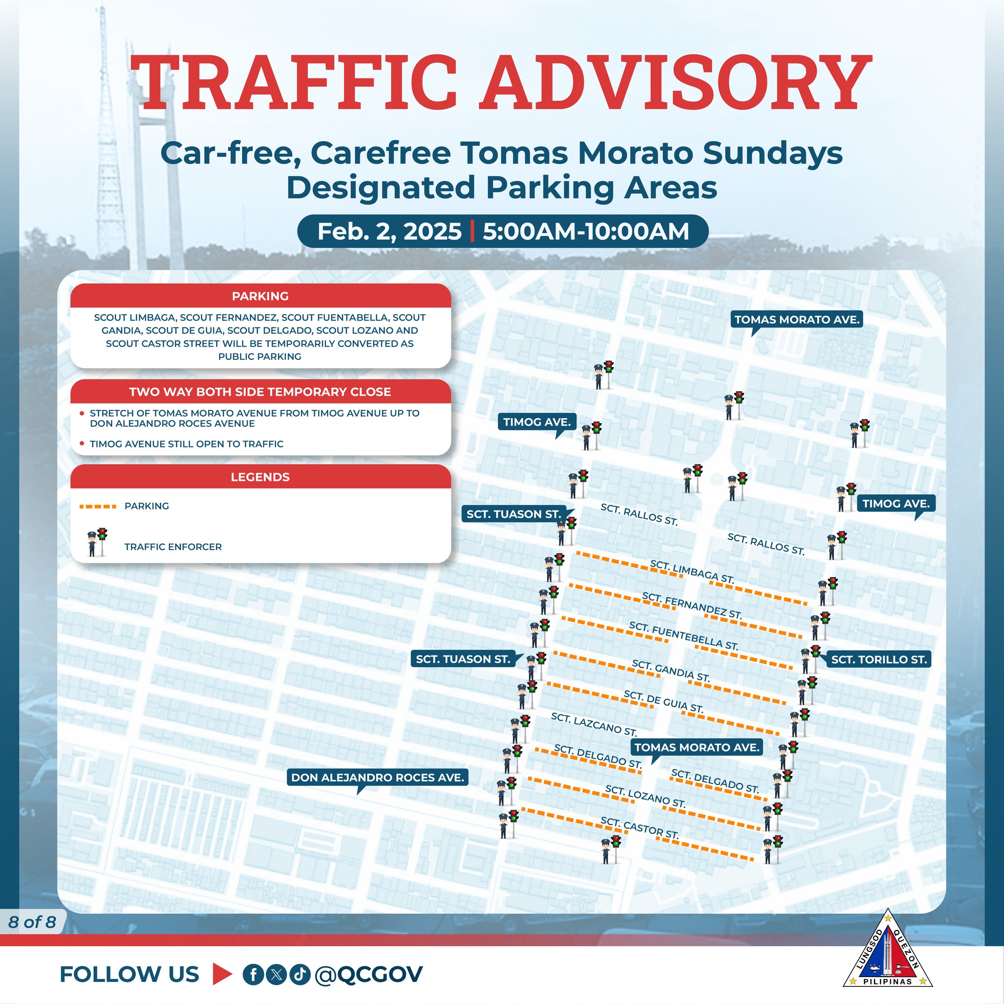 May be a graphic of ‎map, car, road and ‎text that says '‎TRAFFIC ADVISORY Car-free, Carefree Tomas Morato Sundays Designated Parking Areas Feb. 2025 5:00AM-10:00 INEAGA PARKING LICRARKING YCONVERTEDAS STLI TEMPORARY TWOWAYBOTHSIDE.TEMPORARYCLOSE CLOSE AVENUCUP TOMASMORATOAVE ORATO AVE TRAFFIC TIMOGAV AVE, LEGENDS PARKING TRAFTICENFORCER SCT. TUASON ר05 .RALJOSST. TIMOG AVE. .4120537 SCT. UASON ST. CT,TORILLOST ORILLO DONALEJANDRO ROCES AVE. SCT.LAZCANOST -1信日始 TOMASMORATOAVE. -8 . 생T보틱도C으과원 8 ofa FOLLOW US 000@QCGOV FILIPIHAR‎'‎‎