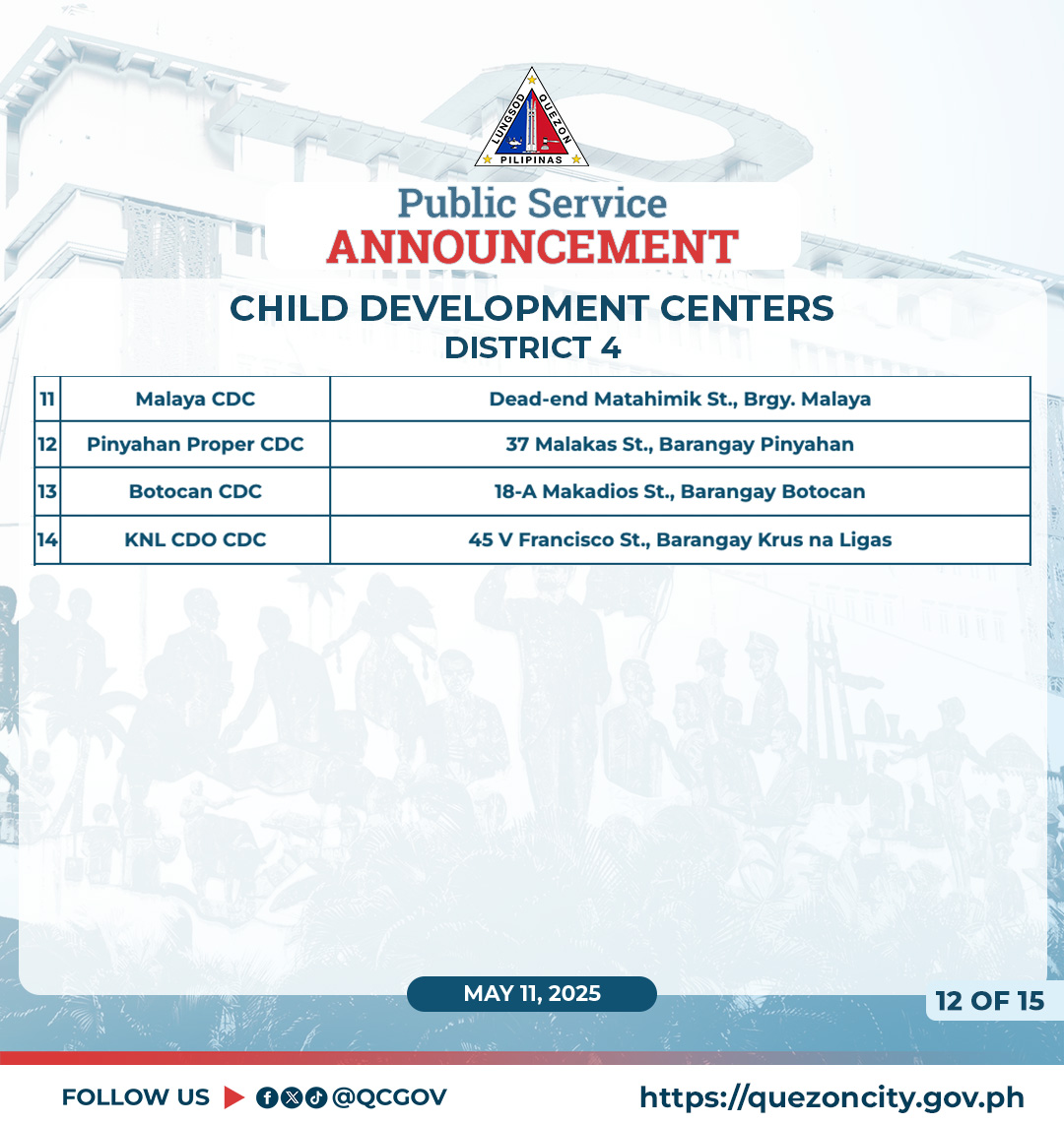 May be a graphic of text that says '0 PILIPINAS Public Service ANNOUNCEMENT Malaya CDC CHILD DEVELOPMENT CENTERS DISTRICT 4 Pinyahan Proper CDC Botocan CDC Dead-end Matahimik St., Brgy. Malaya 37 Malakas St., Barangay Pinyahan KNL CDO CDC 18-A Makadios St., Barangay Botocan 45 Francisco St., Barangay Krus na Ligas MAY 11, 2025 FOLLOW US fod @QCGOV 12 OF 12OF15 15 https://quezoncity.gov.ph'