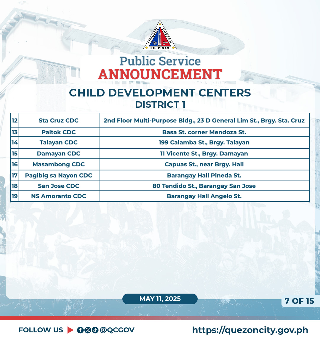 May be a graphic of text that says 'ቨር PILIPINAS Public Service ANNOUNCEMENT CHILD DEVELOPMENT CENTERS DISTRICT 1 Sta Cruz CDC Paltok CDC 2nd Floor Multi-Purpose Bldg., 23 Talayan CDC Basa St. corner Mendoza St. Damayan CDC Masambong CDC General Lim St., Brgy. Sta. Cruz 199 Calamba St., Brgy. Talayan Pagibig Nayon CDC 11 Vicente St., Brgy. Damayan San Jose CDC Capuas St., near Brgy. Hall NS Amoranto CDC Barangay Hall Pineda St. 80 Tendido St., Barangay San Jose Barangay Hall Angelo St. MAY 11, 2025 FOLLOW US fod @QCGOV 70F15 15 7 OF https://quezoncity.gov.ph'